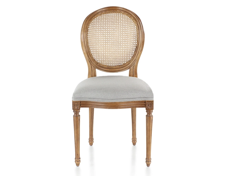 Chaise ancienne style Louis XVI bois teinte ancienne dossier canné assise tissu gris clair Chaise ancienne style Louis XVI bois teinte ancienne dossier canné assise tissu gris clair