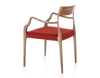 Chaise scandinave avec accoudoirs bois teinte noyer assise tissu bordeaux Chaise scandinave avec accoudoirs bois teinte noyer assise tissu bordeaux