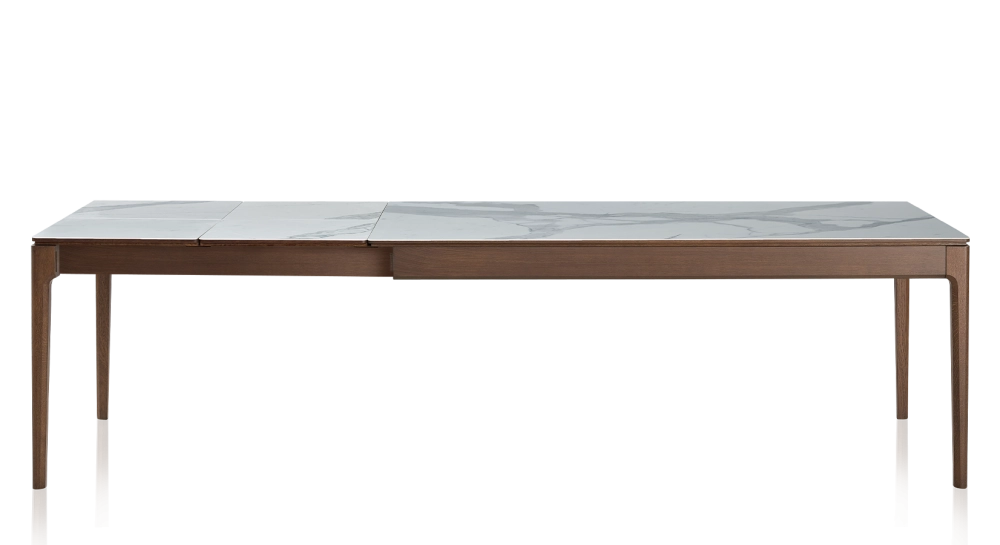 Table extensible 8 à 12 personnes en chêne et céramique allonges céramique avec bois teinte marron foncé et plateau et allonges céramique effet marbre blanc 180x100 cm
