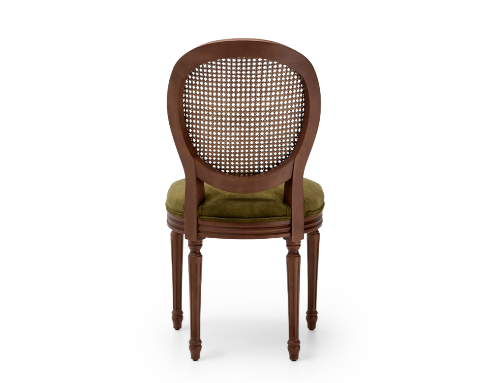 Chaise ancienne style Louis XVI bois teinte marron foncée dossier canné assise tissu velours vert olive Chaise ancienne style Louis XVI bois teinte marron foncée dossier canné assise tissu velours vert olive