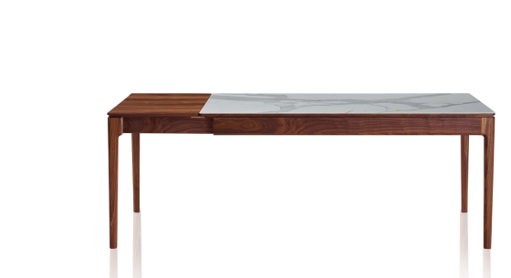 Extending table for 8 to 12 people in walnut and ceramic with wooden extensions with natural stained wood and white marble effect ceramic top 160x100 cm
