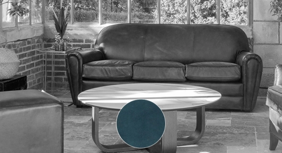 3 seater leather club sofa blue piped armrests