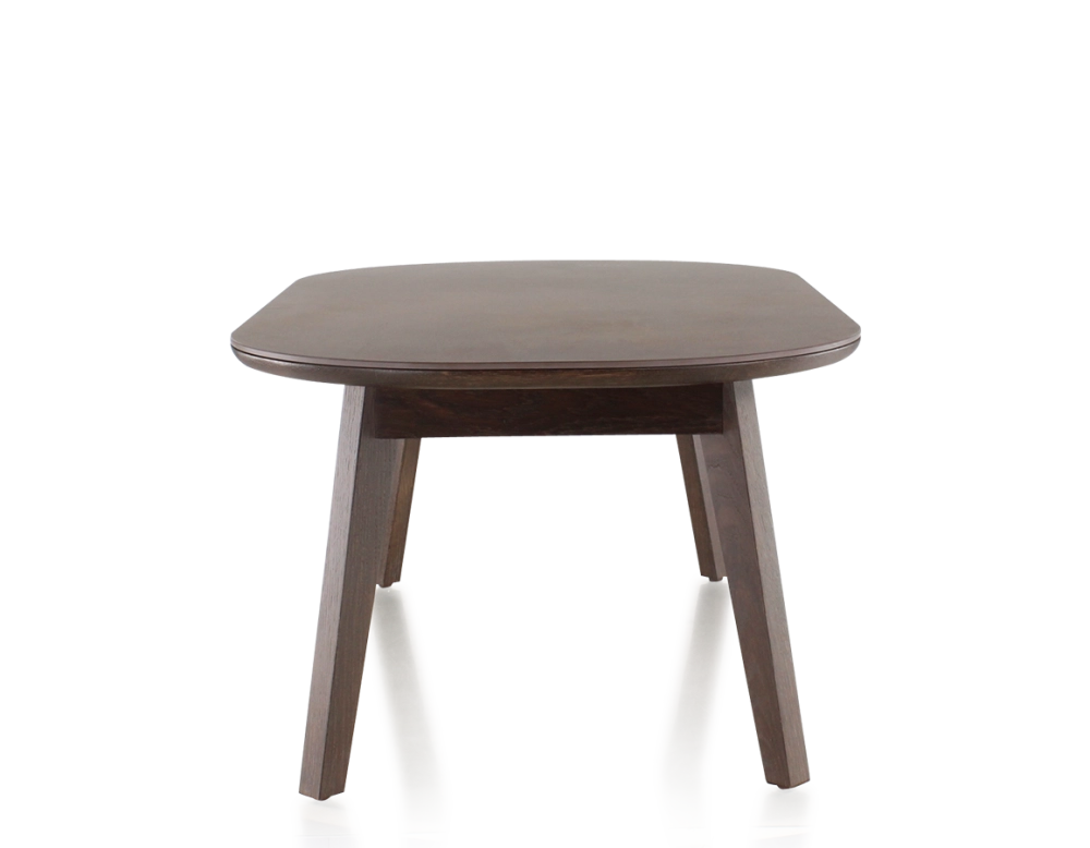 Table basse ovale en chêne et céramique avec bois teinte marron foncé plateau céramique brun oxydé 100x60 cm Table basse ovale en chêne et céramique avec bois teinte marron foncé plateau céramique brun oxydé 100x60 cm