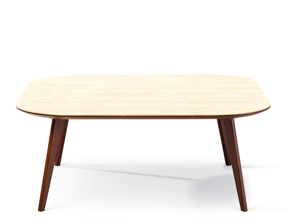 Table basse carré aux angles arrondis F2 en chêne et céramique bois teinte marron foncé plateau céramique effet pierre travertin 120x120x40 cm