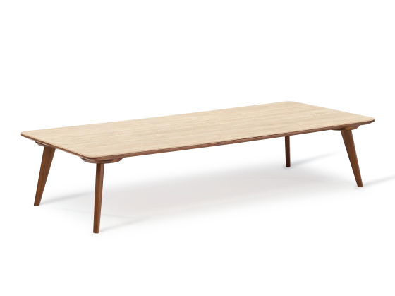 Table basse rectangulaire F7 en noyer et céramique bois teinte naturelle et céramique effet pierre travertin 100x60x30 cm