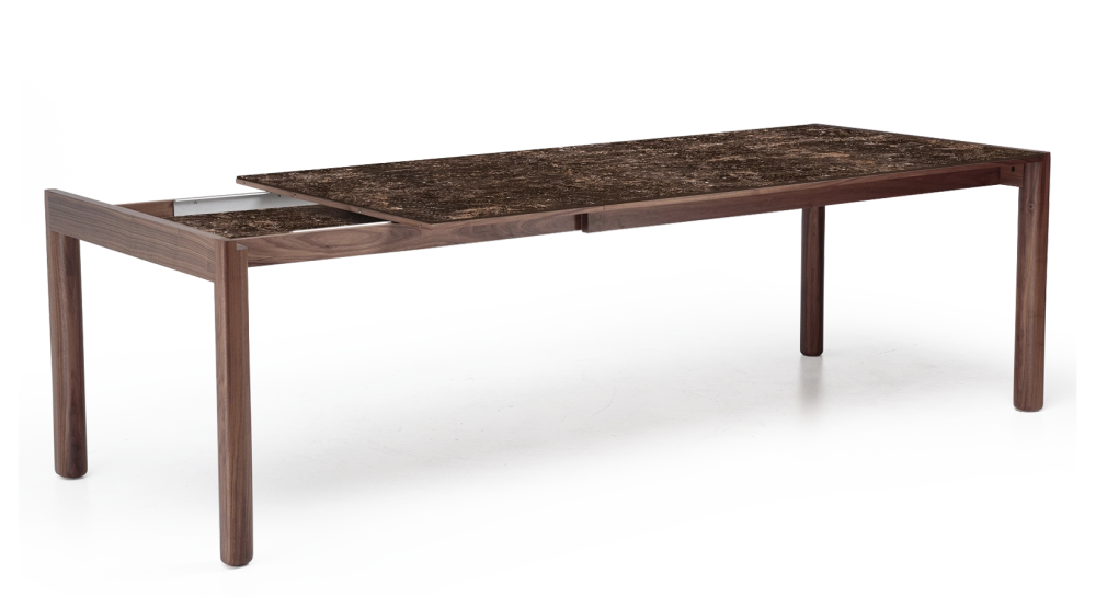 Extending table for 8 to 12 people in walnut and ceramic with ceramic extensions natural wood finish and brown marble-effect ceramic 160x100 cm Extending table for 8 to 12 people in walnut and ceramic with ceramic extensions natural wood finish and brown marble-effect ceramic 160x100 cm