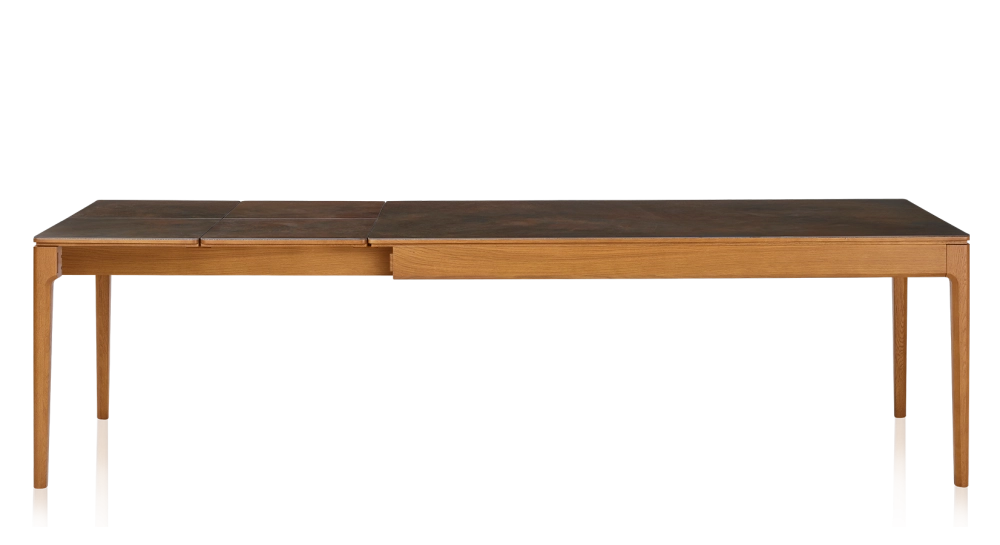 Table extensible 8 à 14 personnes en chêne et céramique allonges céramique avec bois teinte merisier et plateau et allonges céramique brun oxydé 210x100 cm