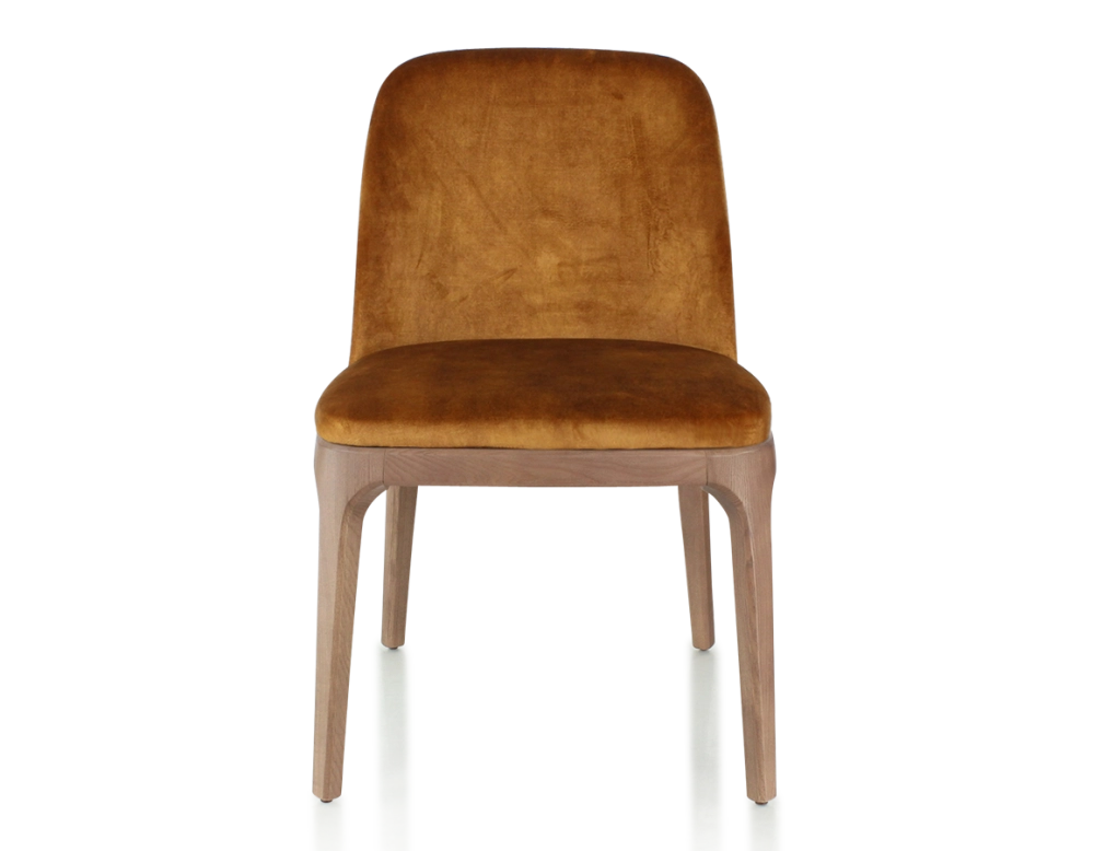 Chaise design bois teinte noyer et tissu velours bronze Chaise design bois teinte noyer et tissu velours bronze