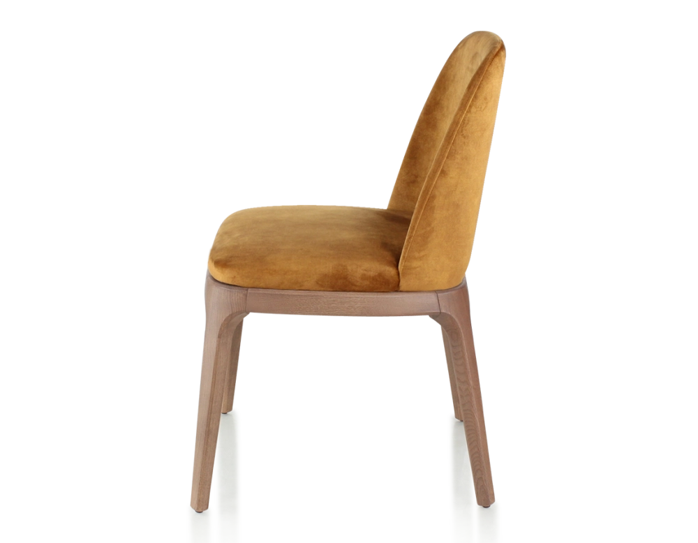 Designer chair Walnut-stained wood and bronze velvet fabric Designer chair Walnut-stained wood and bronze velvet fabric