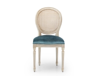 Louis XVI style antique chair white cerused wood with cane backrest and petrol blue velvet seat. Louis XVI style antique chair white cerused wood with cane backrest and petrol blue velvet seat.