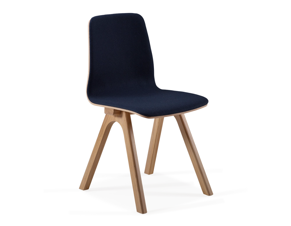 Upholstered oak designer chair natural tint wood, navy blue fabric seat Upholstered oak designer chair natural tint wood, navy blue fabric seat