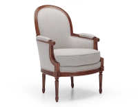 Louis XVI style moulded bergère armchair wood antique stain and natural beige fabric Louis XVI style moulded bergère armchair wood antique stain and natural beige fabric