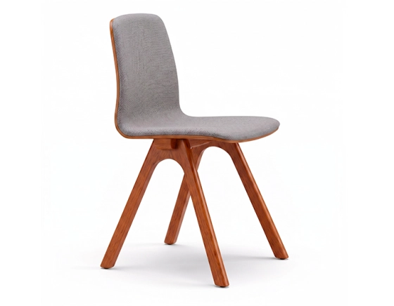 Upholstered oak designer chair cherry-stained wood, light grey fabric seat