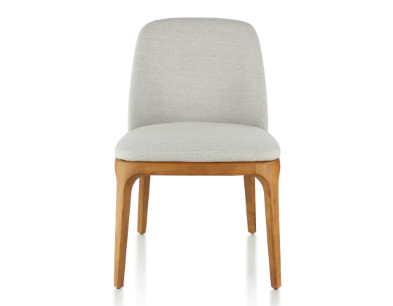 Chaise design bois teinte merisier et tissu beige naturel