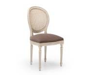 Louis XVI style antique chair white cerused wood with cane backrest and taupe fabric seat. Louis XVI style antique chair white cerused wood with cane backrest and taupe fabric seat.