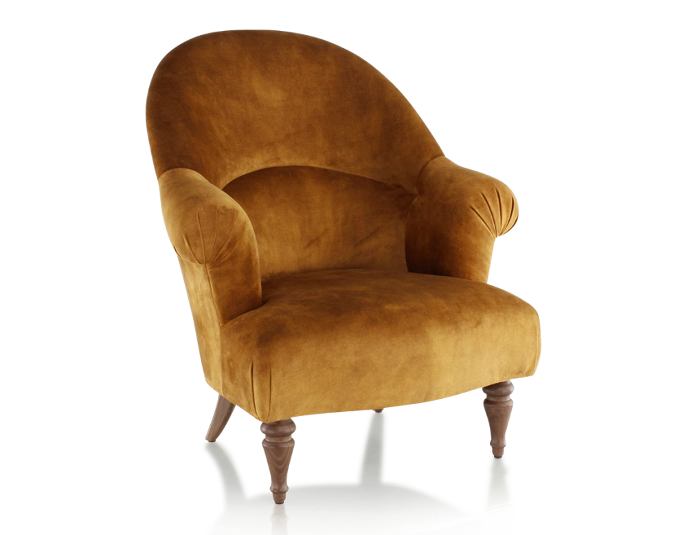 Fauteuil crapaud avec accoudoirs pieds bois teinte noyer et tissu velours bronze moyen dossier Fauteuil crapaud avec accoudoirs pieds bois teinte noyer et tissu velours bronze moyen dossier