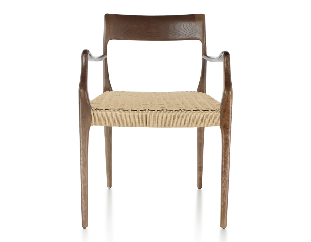 Chaise scandinave avec accoudoirs bois teinte marron foncé assise corde Chaise scandinave avec accoudoirs bois teinte marron foncé assise corde