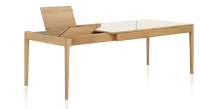 Extendable table for 8 to 14 people in oak and ceramic with wooden extensions with natural stained wood and white marble effect ceramic top 210x100 cm Extendable table for 8 to 14 people in oak and ceramic with wooden extensions with natural stained wood and white marble effect ceramic top 210x100 cm