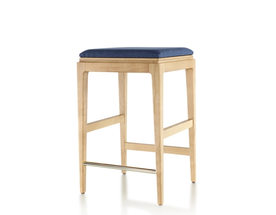 H60 cm designer bar stool natural tint wood, navy blue fabric seat