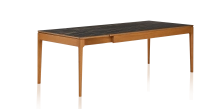 Table extensible 8 à 14 personnes en chêne et céramique allonges céramique avec bois teinte merisier et plateau et allonges céramique effet marbre noir 210x100 cm