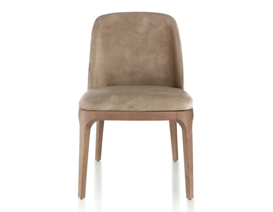 Designer chair walnut-stained wood and light taupe velvet fabric