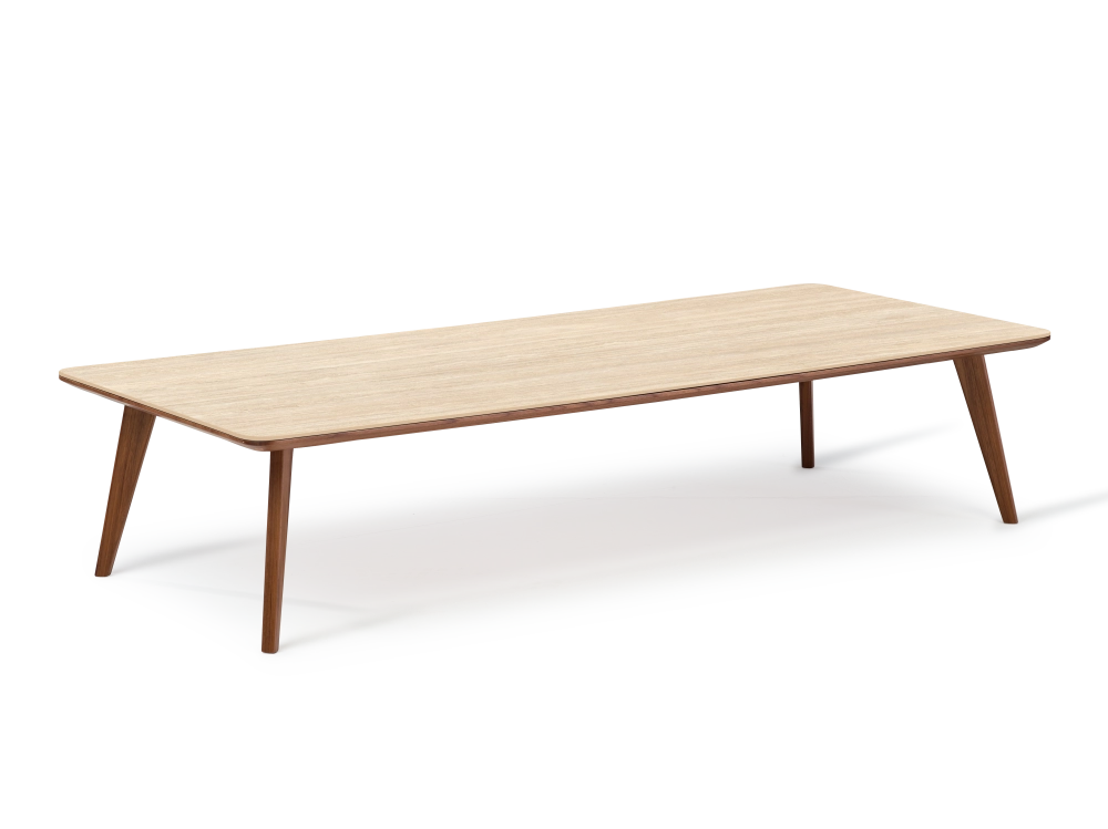 F7 rectangular coffee table in walnut and ceramic natural stained wood and travertine stone effect ceramic 140x60x40 cm