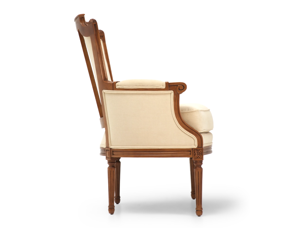 Fauteuil bergère style Louis XVI bois teinte ancienne et tissu crème Fauteuil bergère style Louis XVI bois teinte ancienne et tissu crème