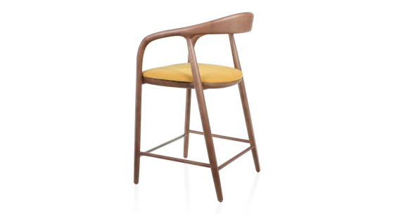 Tabouret de bar H60 cm bois teinte noyer et tissu jaune