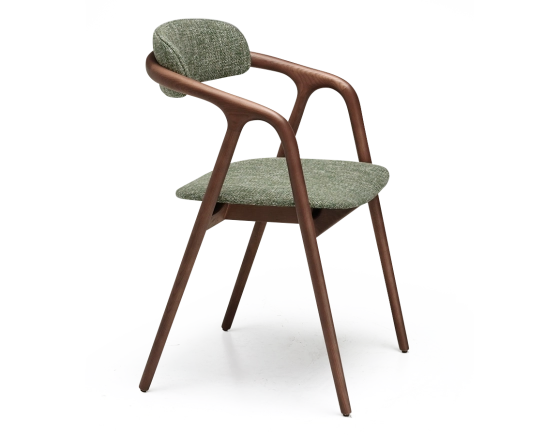 Scandinavian chair walnut wood with a beige mottled green fabric seat.