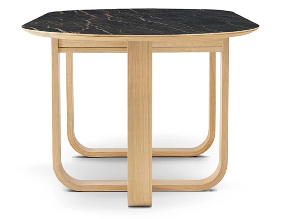 Table salle à manger en chêne et céramique 8 à 12 personnes avec bois teinte naturelle et plateau céramique effet marbre noir 210x100 cm