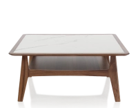 Table basse carré en noyer et céramique bois teinte naturelle plateau céramique effet marbre blanc 100x100 cm Table basse carré en noyer et céramique bois teinte naturelle plateau céramique effet marbre blanc 100x100 cm