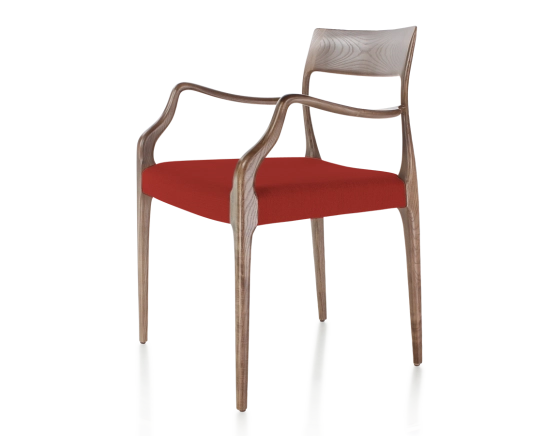 Chaise scandinave avec accoudoirs bois teinte marron foncé assise tissu bordeaux