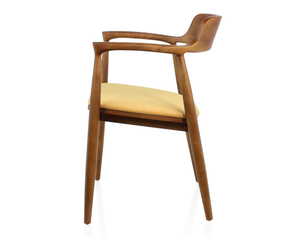 Chaise scandinave bois teinte merisier et tissu jaune Chaise scandinave bois teinte merisier et tissu jaune