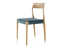 Chaise scandinave bois teinte merisier assise tissu velours bleu pétrole Chaise scandinave bois teinte merisier assise tissu velours bleu pétrole