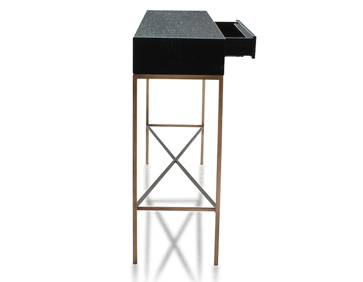 Console design frêne laqué noir et métal patine laiton 100 cm Console design frêne laqué noir et métal patine laiton 100 cm