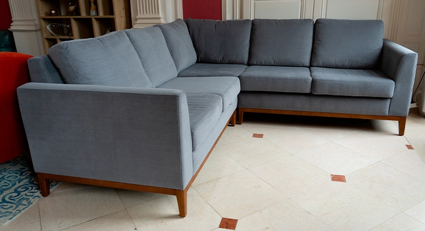 Canapé d'angle 5 places tissu gris clair (2G - A - 2D)