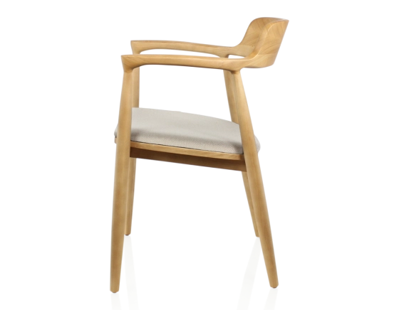 Chaise scandinave bois teinte naturelle assise tissu chevron beige