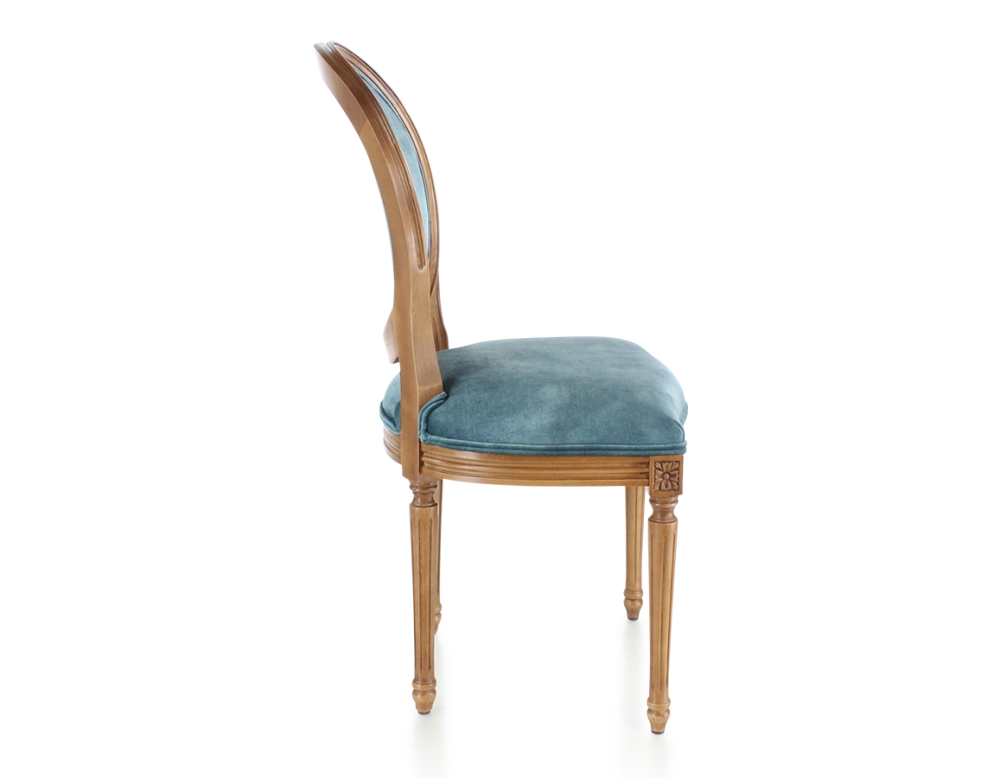 Chaise ancienne style Louis XVI bois teinte ancienne et tissu velours bleu pétrole Chaise ancienne style Louis XVI bois teinte ancienne et tissu velours bleu pétrole