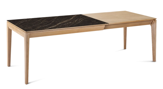 Table extensible 8 à 12 personnes en chêne et céramique allonges bois avec bois teinte naturelle et plateau céramique effet marbre noir 180x100 cm