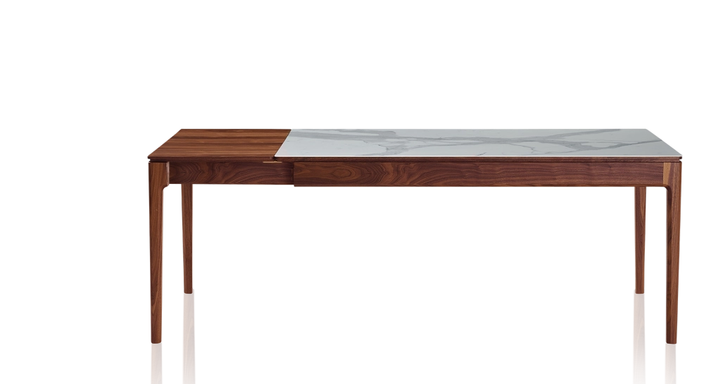 Table extensible 8 à 14 personnes en noyer et céramique allonges bois avec bois teinte naturelle et plateau céramique effet marbre blanc 210x100 cm Table extensible 8 à 14 personnes en noyer et céramique allonges bois avec bois teinte naturelle et plateau céramique effet marbre blanc 210x100 cm