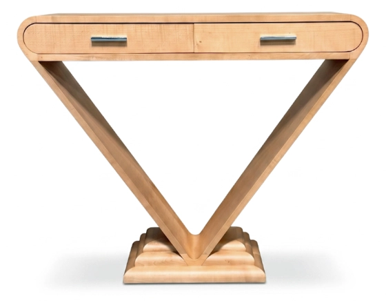 Console art déco double tiroirs bois teinte naturelle