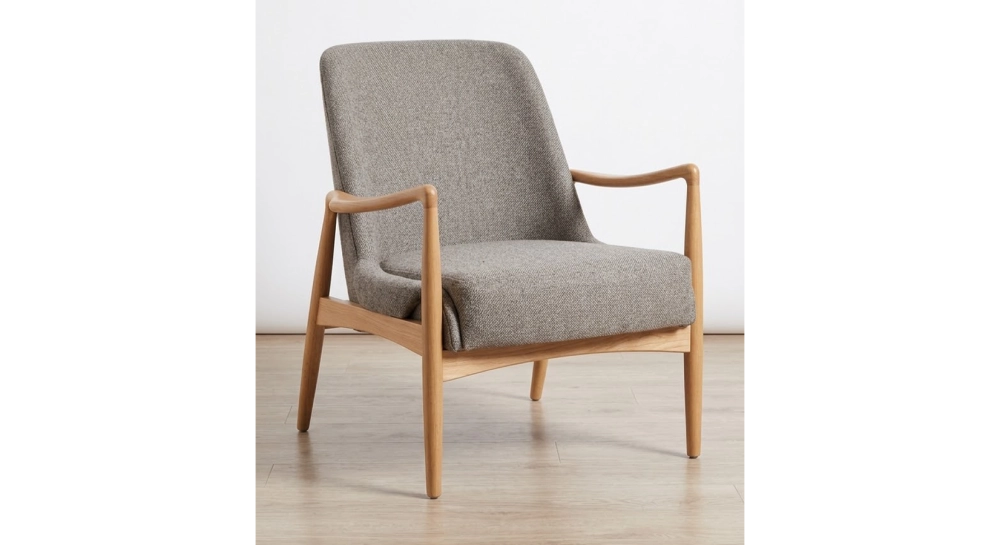 Fauteuil scandinave en bois teinte naturelle et tissu brun