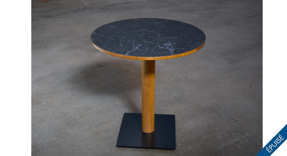 Table bistrot ronde en noyer français et céramique 2 personnes avec bois teinte naturelle et plateau céramique effet ardoise Table bistrot ronde en noyer français et céramique 2 personnes avec bois teinte naturelle et plateau céramique effet ardoise