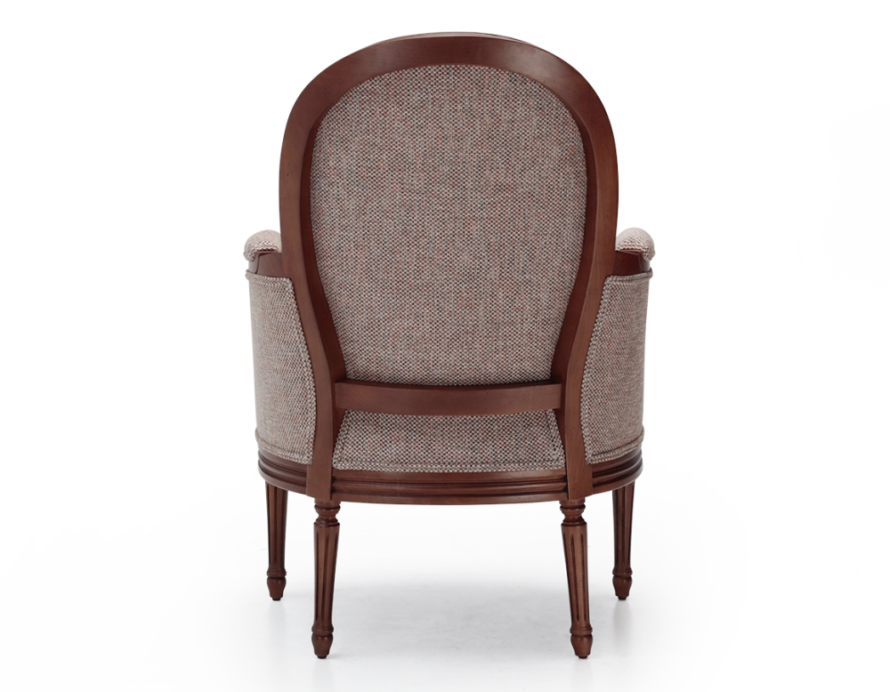 Fauteuil bergère mouluré style Louis XVI bois teinte ancienne et tissu orange Fauteuil bergère mouluré style Louis XVI bois teinte ancienne et tissu orange