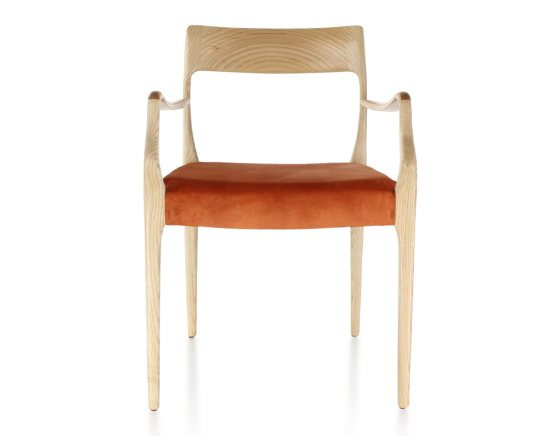 Scandinavian armchair with armrests wood stained natural seat terracotta velvet fabric