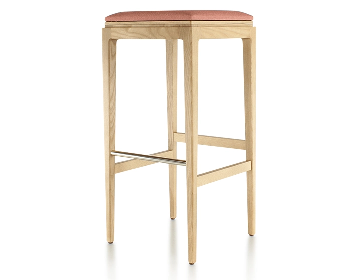 H80 cm designer bar stool natural wood stain coral pink fabric seat H80 cm designer bar stool natural wood stain coral pink fabric seat