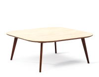 Table basse carré aux angles arrondis F2 en chêne et céramique bois teinte marron foncé plateau céramique effet pierre travertin 90x90x40 cm