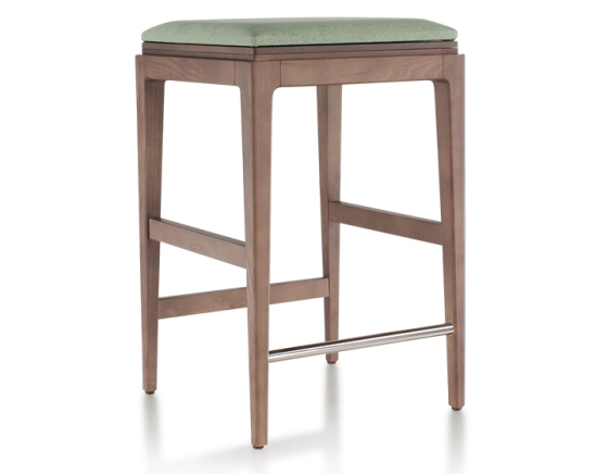 H60 cm designer bar stool walnut-stained wood, sage green fabric seat