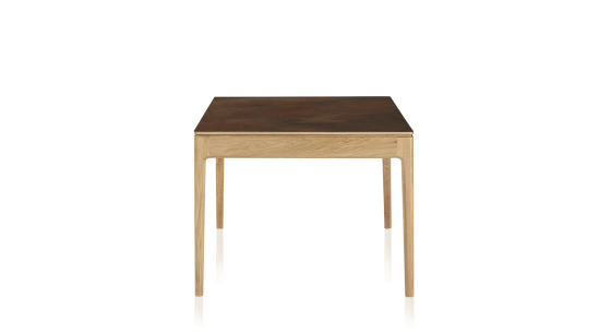 Table salle à manger en chêne et céramique 6 à 8 personnes avec bois teinte naturelle et plateau céramique brun oxydé 160x100 cm