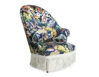 Toad armchair with armrests walnut-stained wooden legs and jungle fabric with high-back fringes Toad armchair with armrests walnut-stained wooden legs and jungle fabric with high-back fringes